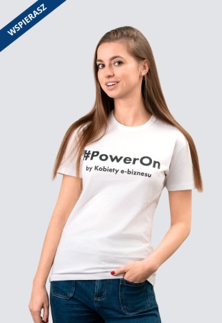 ⁠Koszulka damska biała z napisem „Power On”, limitowana seria, bawełna