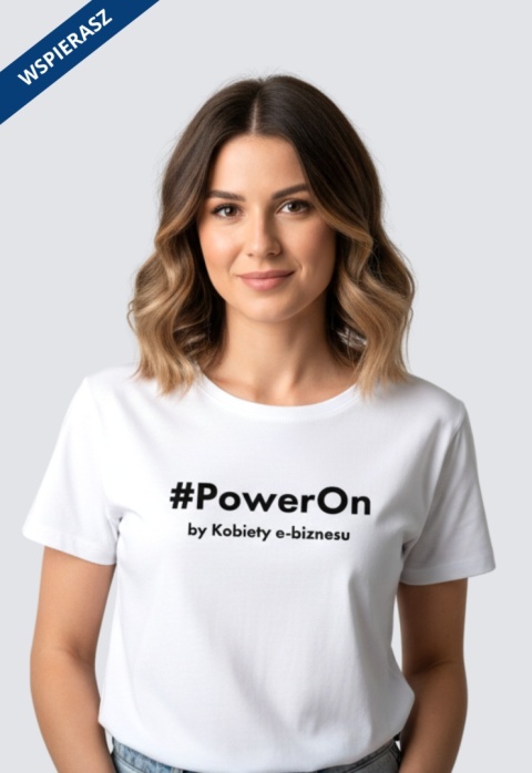 ⁠Koszulka damska biała z napisem „Power On”, limitowana seria, bawełna